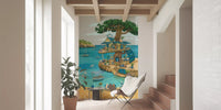 Coastal Cat Cafe Treehouse Scene Wall Mural