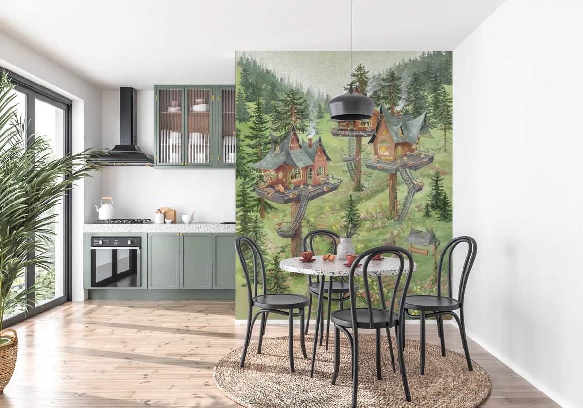 Whimsical Woodland Treehouse Village Scene Wall Mural