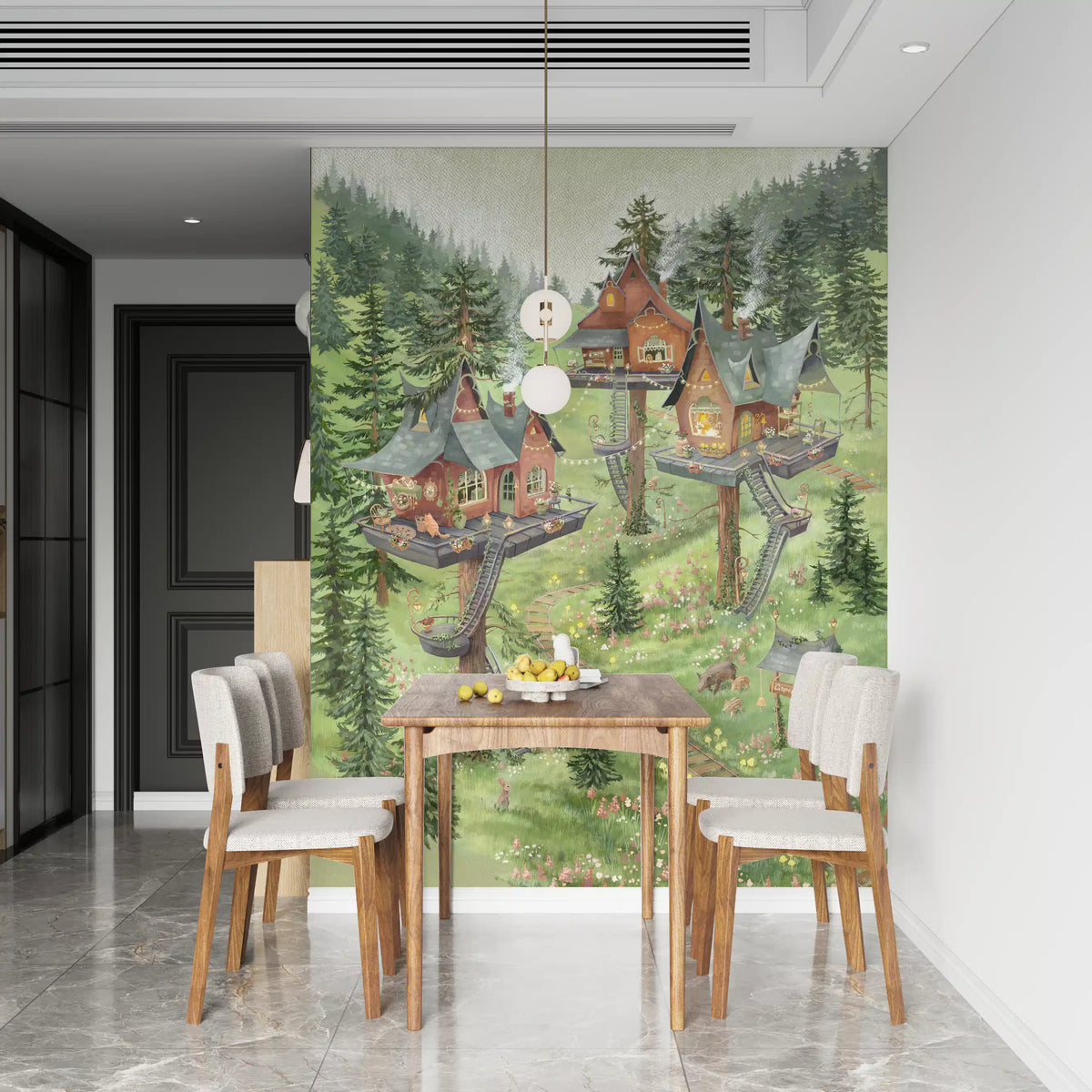 Whimsical Woodland Treehouse Village Scene Wall Mural