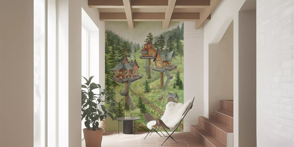 Whimsical Woodland Treehouse Village Scene Wall Mural