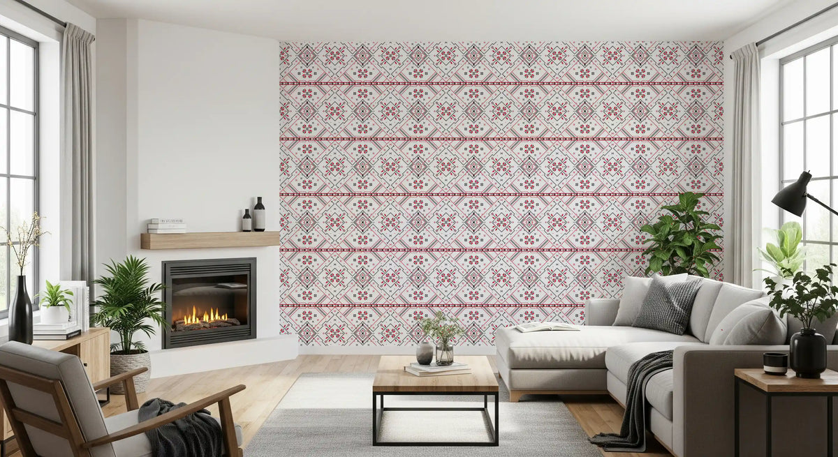 Folklore Geometric Cross-Stitch Pattern Wallpaper⁠