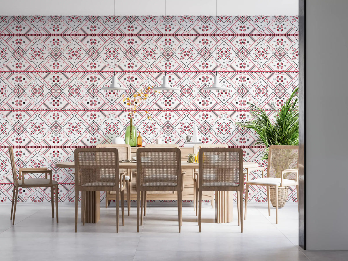 Folklore Geometric Cross-Stitch Pattern Wallpaper⁠