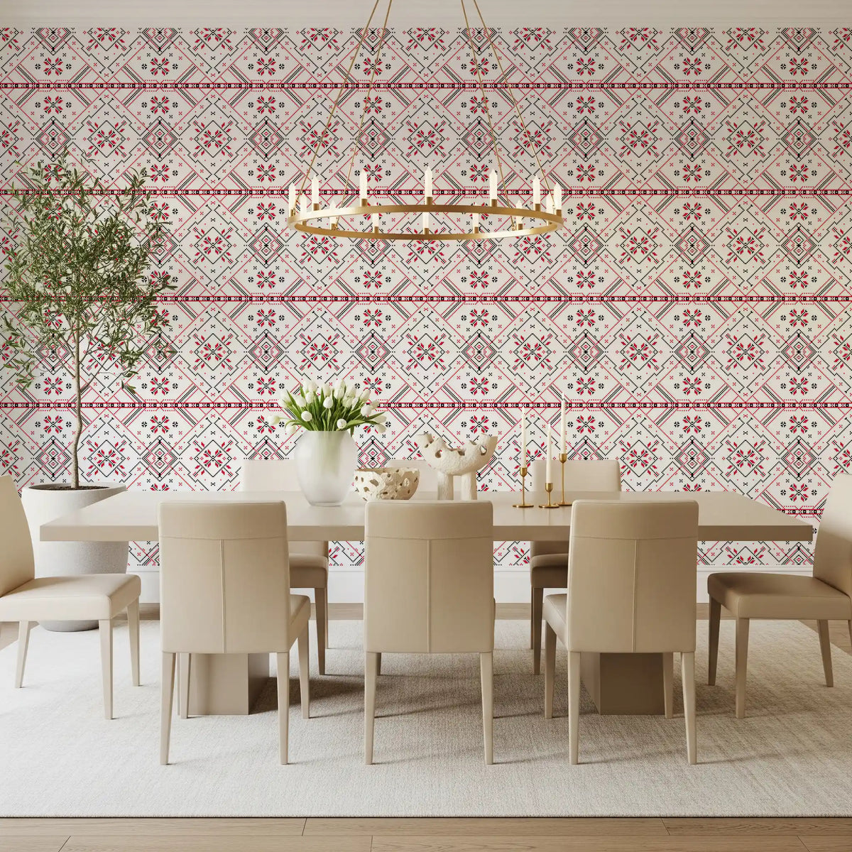 Folklore Geometric Cross-Stitch Pattern Wallpaper⁠