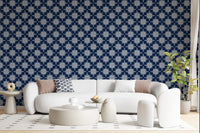 Indigo Cross-Stitch Tile Motif Wallpaper⁠