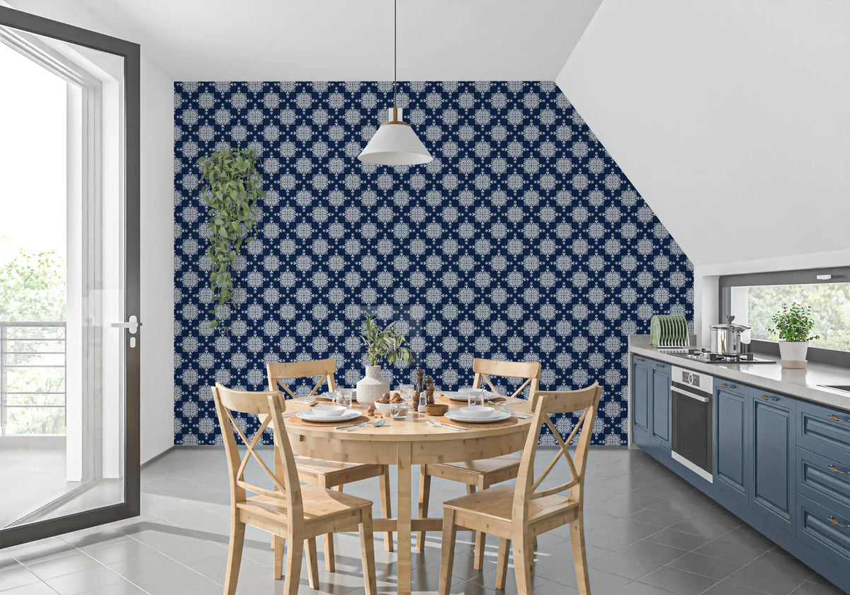 Indigo Cross-Stitch Tile Motif Wallpaper⁠