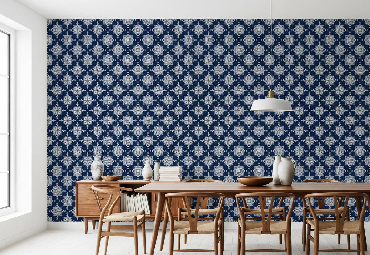 Indigo Cross-Stitch Tile Motif Wallpaper⁠