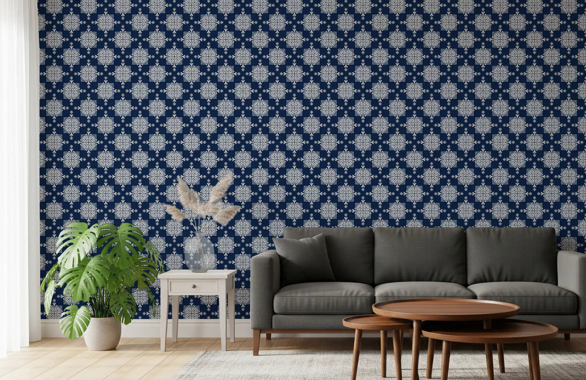 Indigo Cross-Stitch Tile Motif Wallpaper⁠