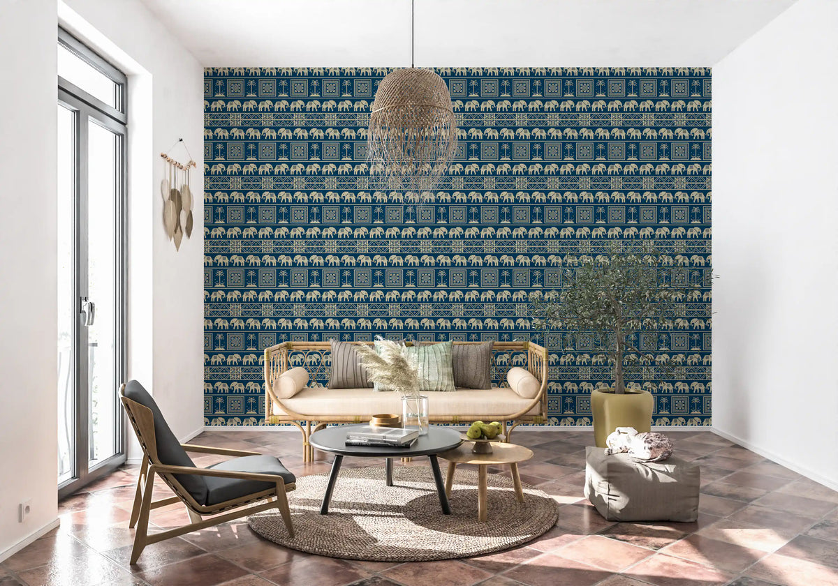 Folklore Elephant and Palm Motif Wallpaper⁠
