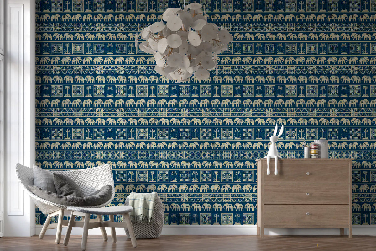 Folklore Elephant and Palm Motif Wallpaper⁠