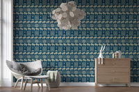Folklore Elephant and Palm Motif Wallpaper⁠