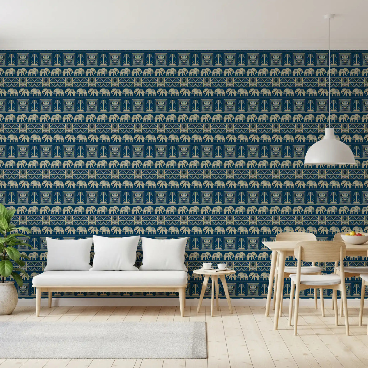 Folklore Elephant and Palm Motif Wallpaper⁠