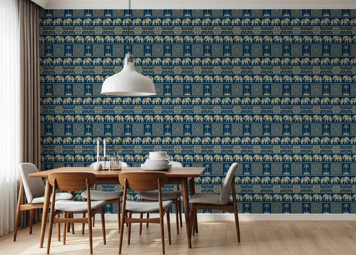 Folklore Elephant and Palm Motif Wallpaper⁠
