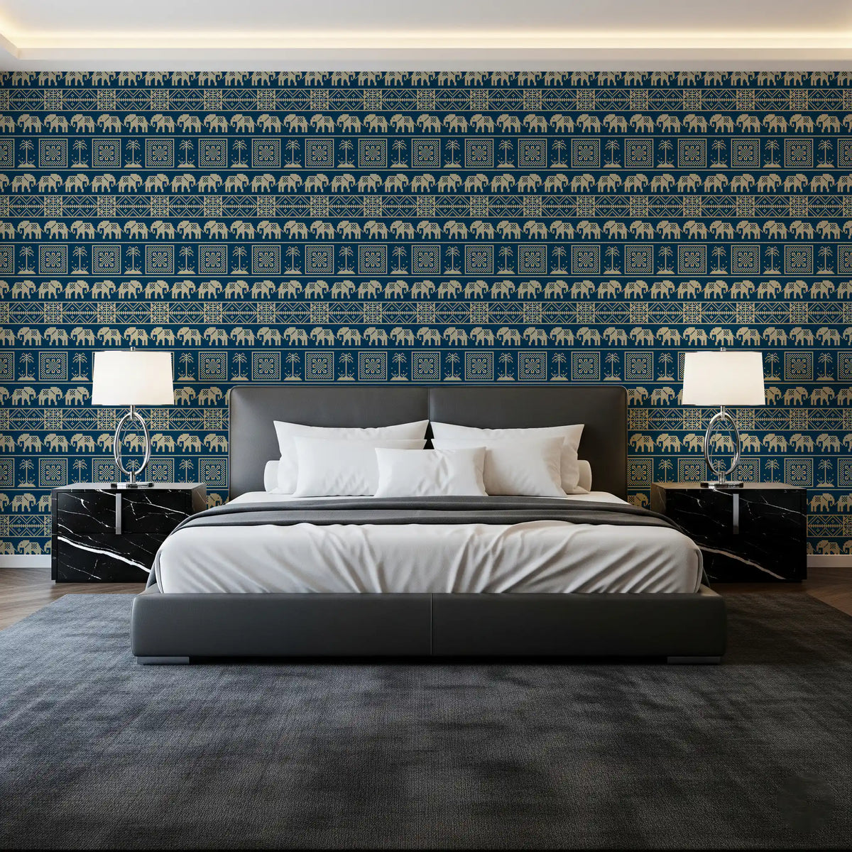 Folklore Elephant and Palm Motif Wallpaper⁠