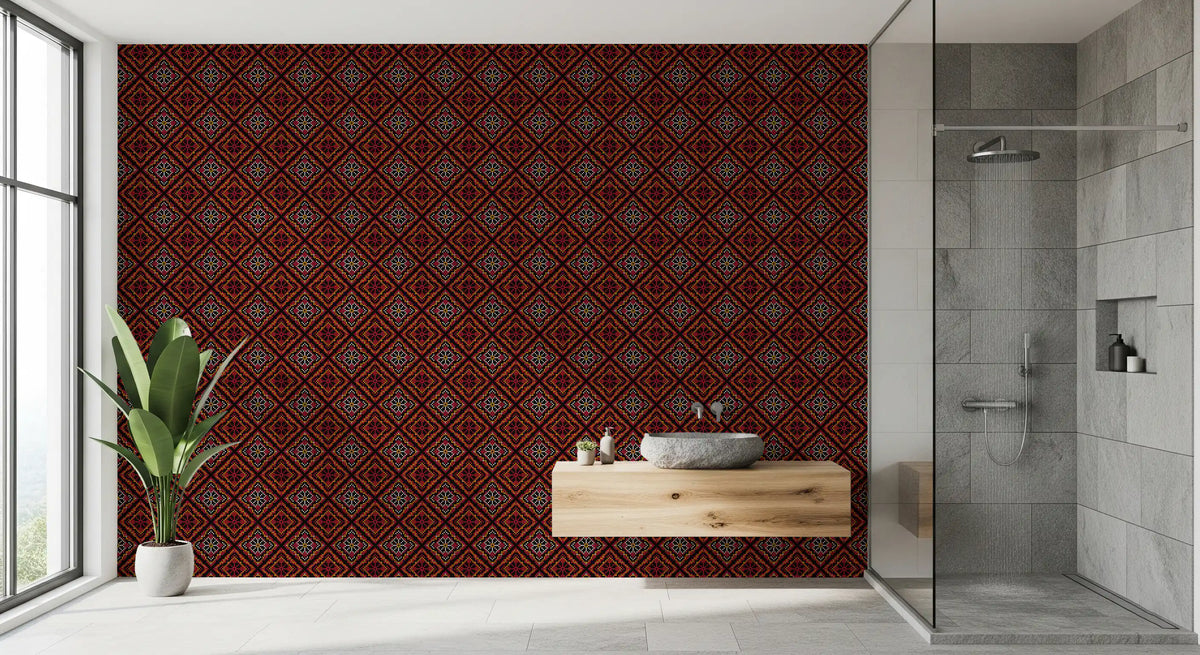 Dark Ethnic Mosaic Grid Motif Wallpaper⁠