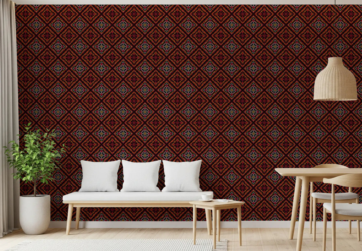 Dark Ethnic Mosaic Grid Motif Wallpaper⁠