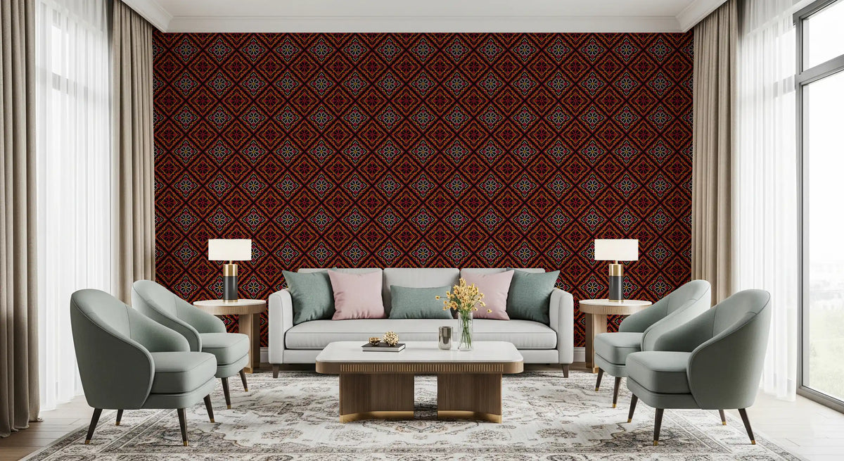 Dark Ethnic Mosaic Grid Motif Wallpaper⁠