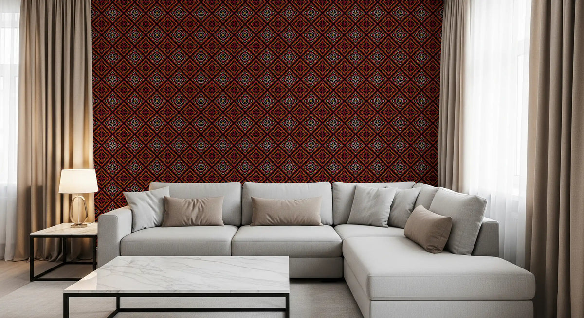 Dark Ethnic Mosaic Grid Motif Wallpaper⁠