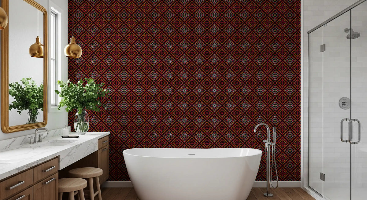 Dark Ethnic Mosaic Grid Motif Wallpaper⁠