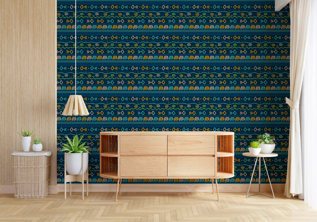 Tribal Indigo Patterned Motif Wallpaper⁠
