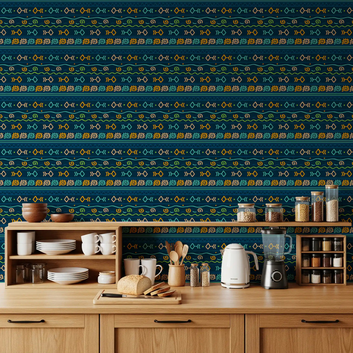 Tribal Indigo Patterned Motif Wallpaper⁠