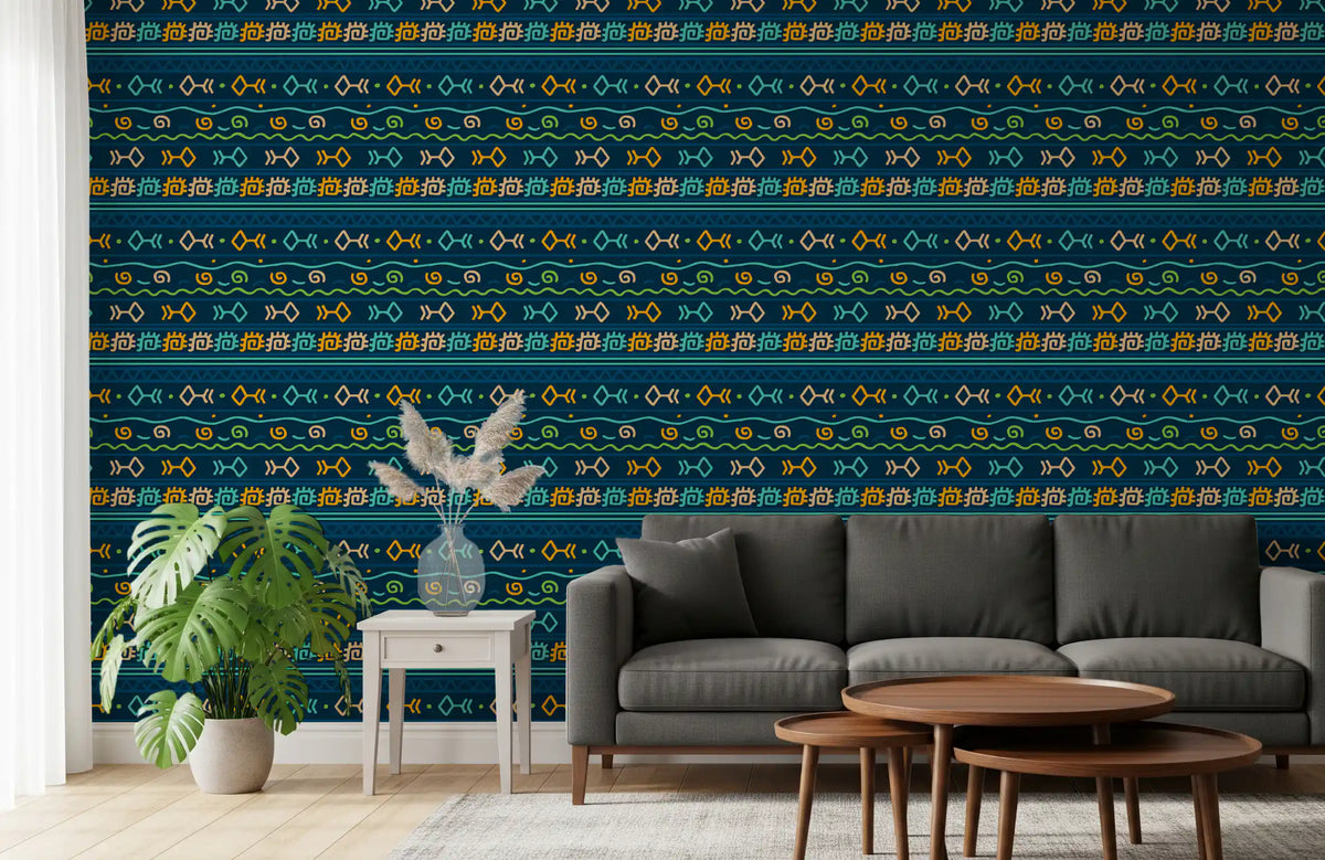 Tribal Indigo Patterned Motif Wallpaper⁠