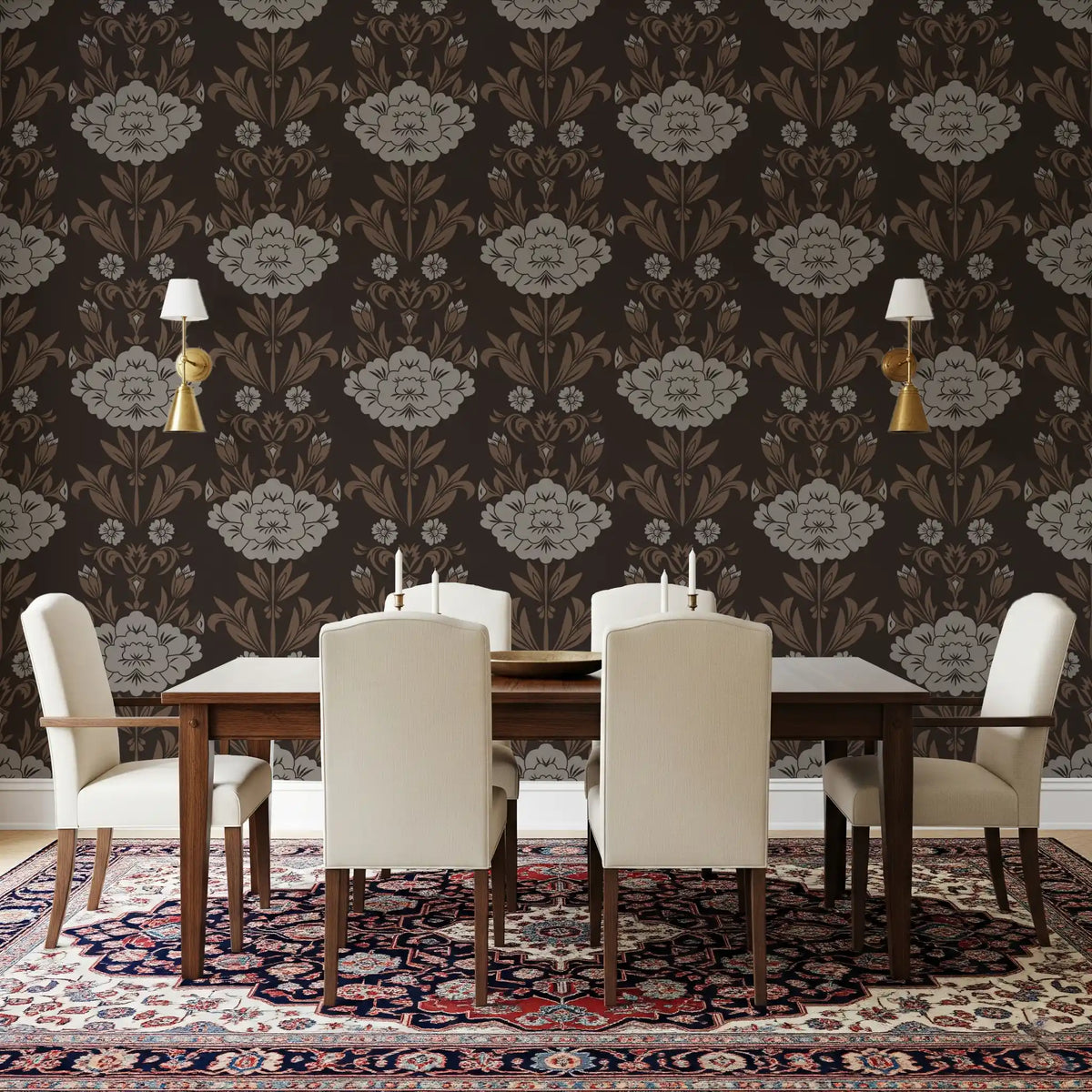 Choco Floral Damask Motif Wallpaper⁠