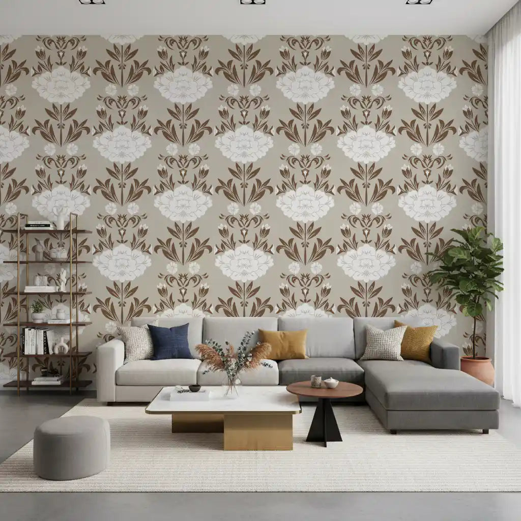 Cream and Brown Floral Damask Wallpaper⁠