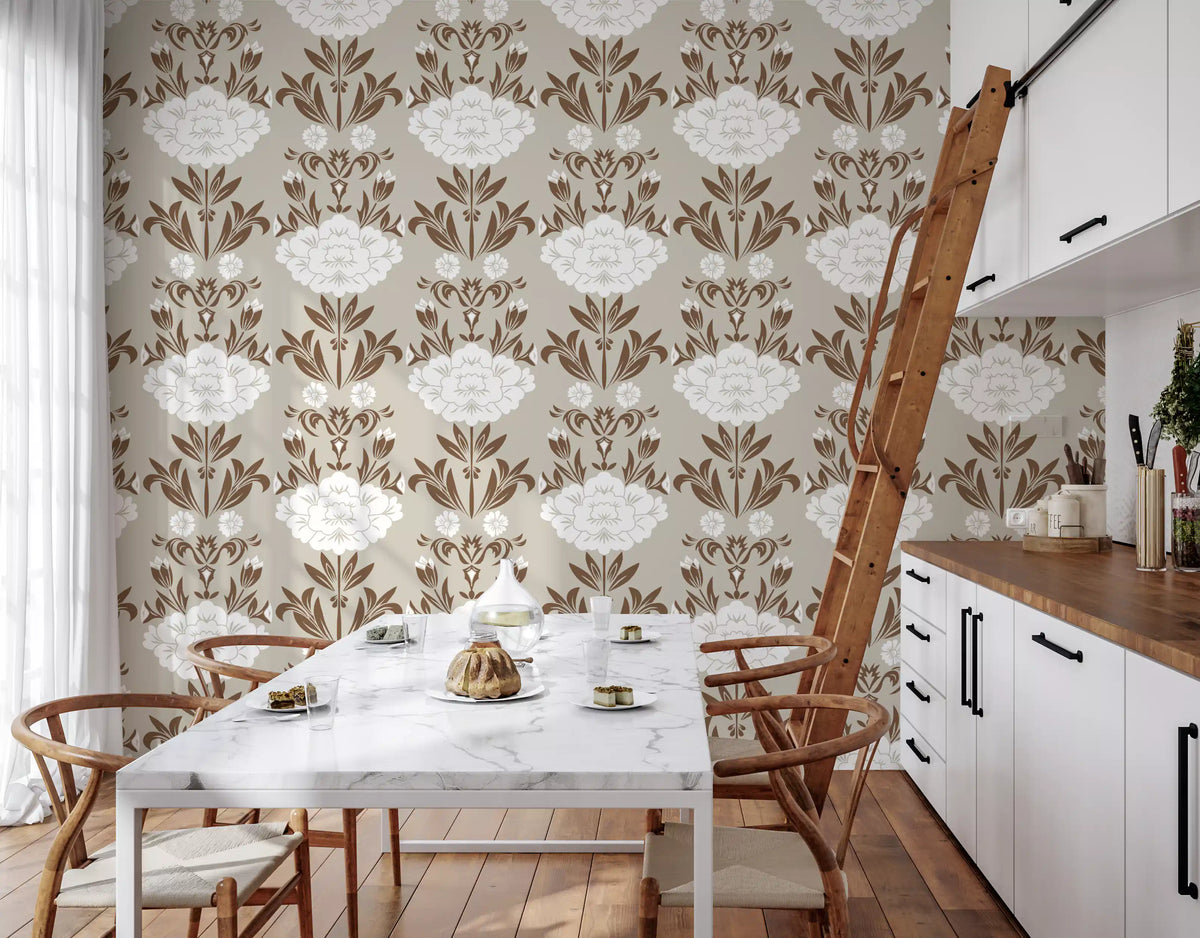 Cream and Brown Floral Damask Wallpaper⁠