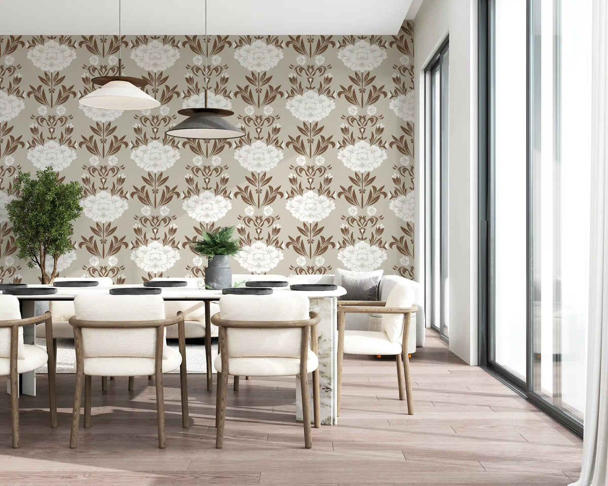 Cream and Brown Floral Damask Wallpaper⁠