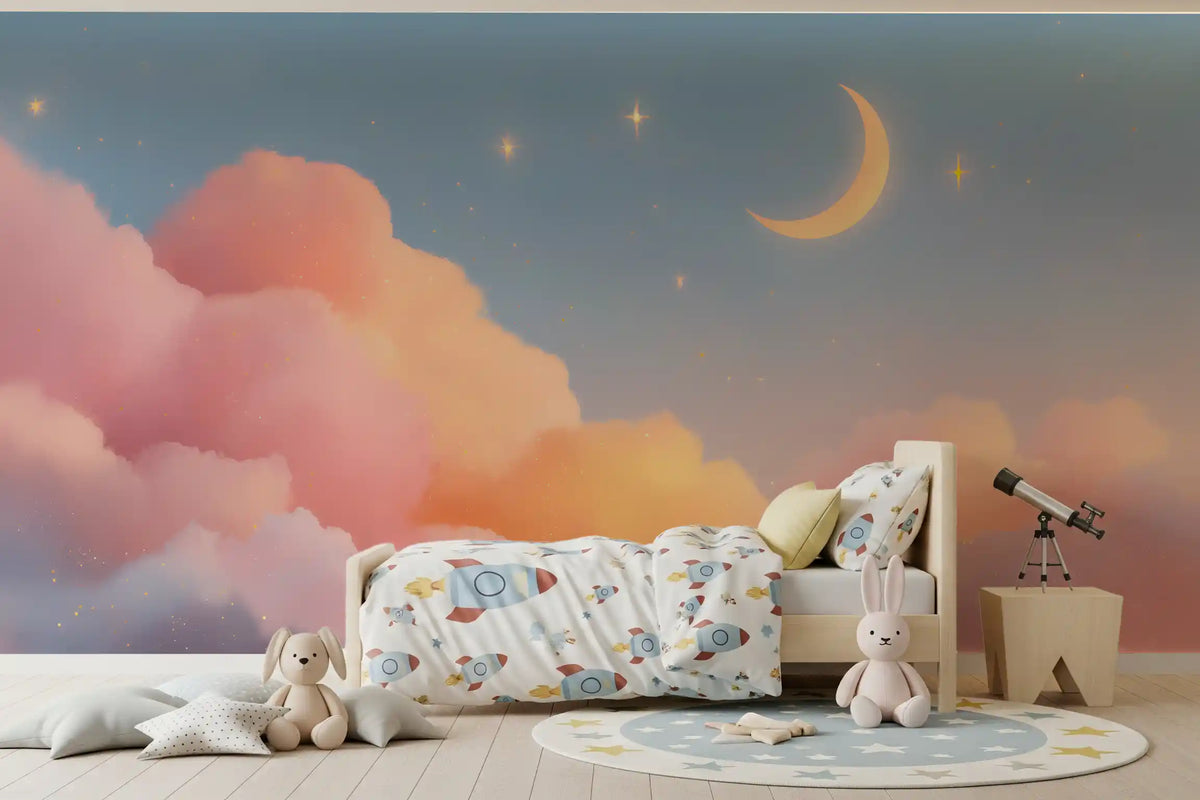 Starlit Pastel Clouds and Moon Horizon Wall Mural