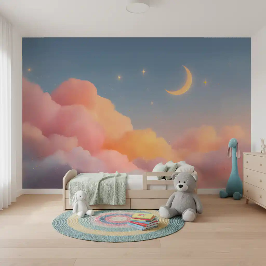 Starlit Pastel Clouds and Moon Horizon Wall Mural