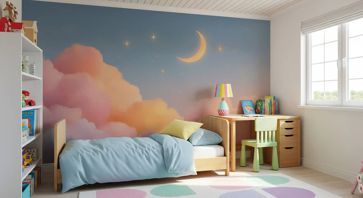 Starlit Pastel Clouds and Moon Horizon Wall Mural
