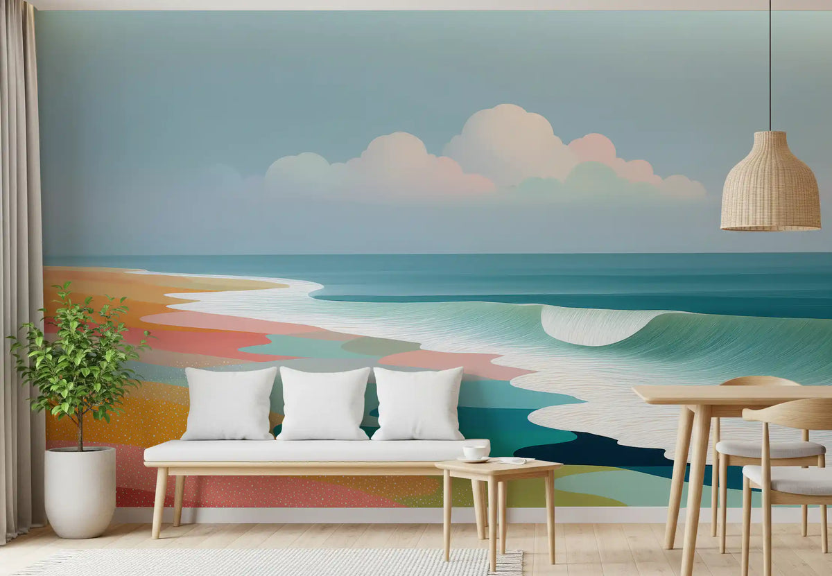 Vibrant Tropical Beach Horizon and Rolling Surf Wall Mural