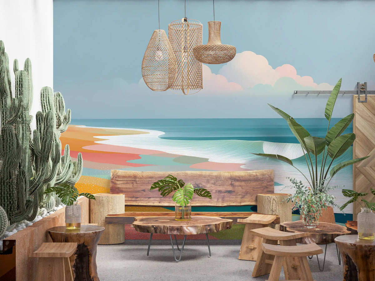 Vibrant Tropical Beach Horizon and Rolling Surf Wall Mural