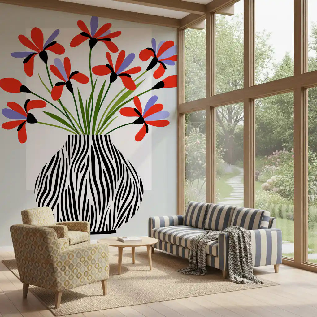 Zebra Vase Floral Bouquet Wall Mural