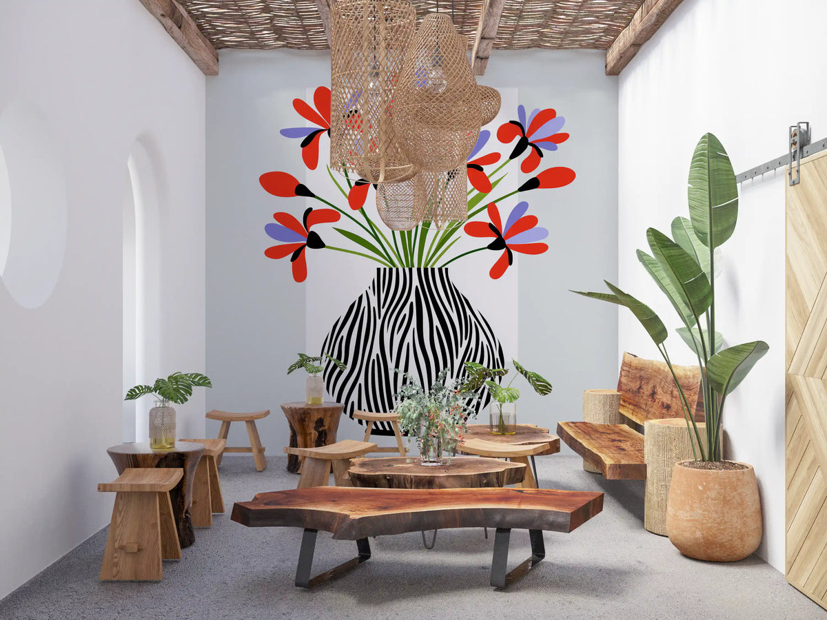 Zebra Vase Floral Bouquet Wall Mural