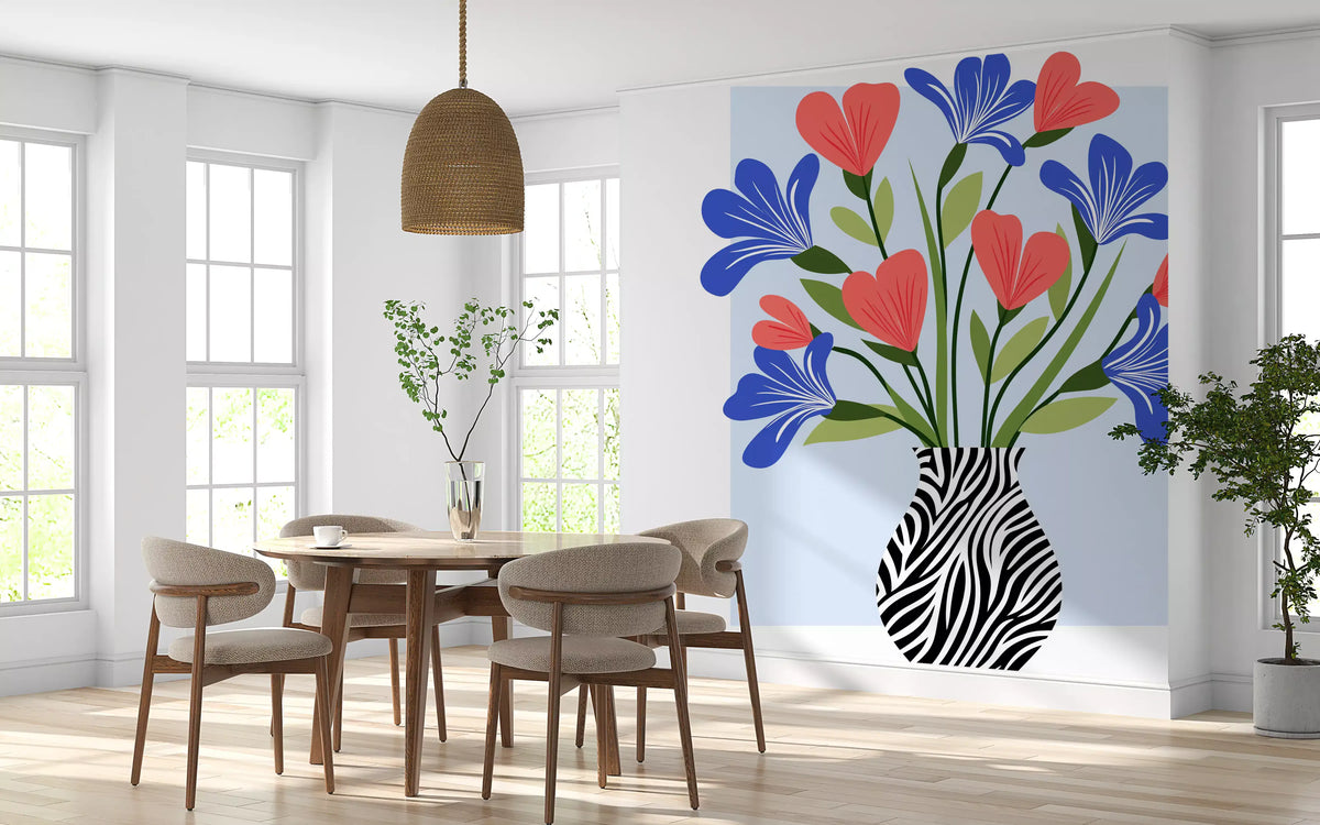 Boho Floral Vase and Stripe Pattern Wall Mural