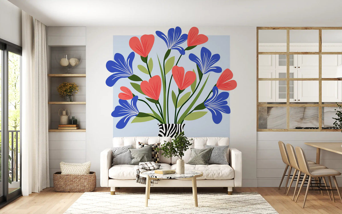 Boho Floral Vase and Stripe Pattern Wall Mural
