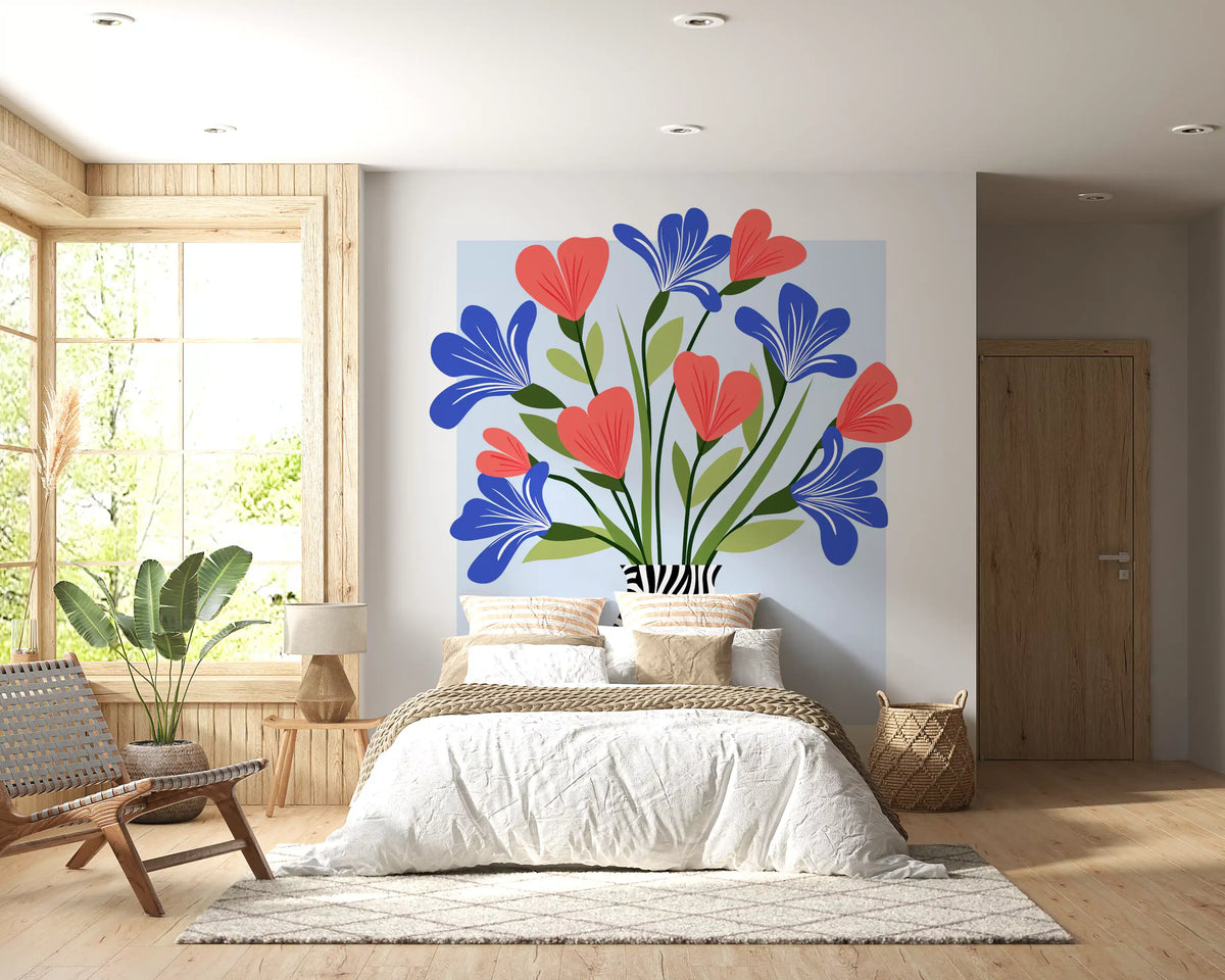 Boho Floral Vase and Stripe Pattern Wall Mural