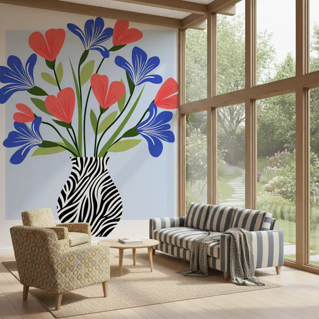 Boho Floral Vase and Stripe Pattern Wall Mural