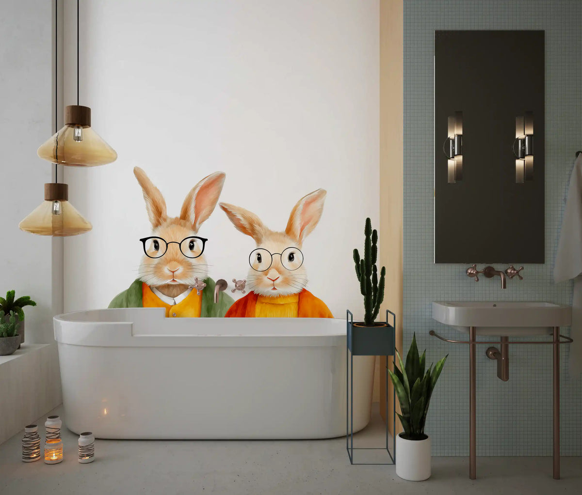 Whimsical Rabbits in Cardigans Wall Mural