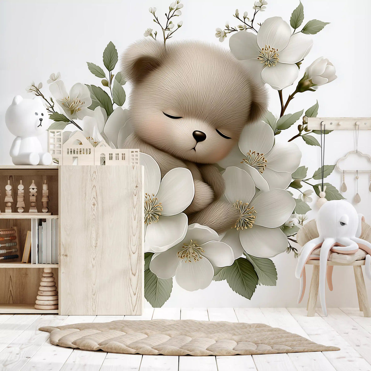Sleeping Bear in White Blossom Wall Mural