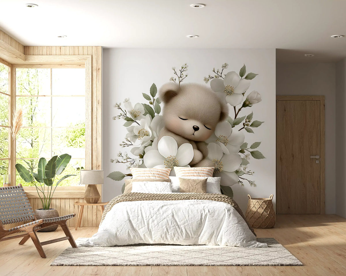Sleeping Bear in White Blossom Wall Mural