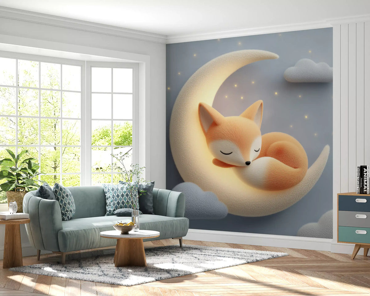 Sleeping Fox on Crescent Moon Wall Mural