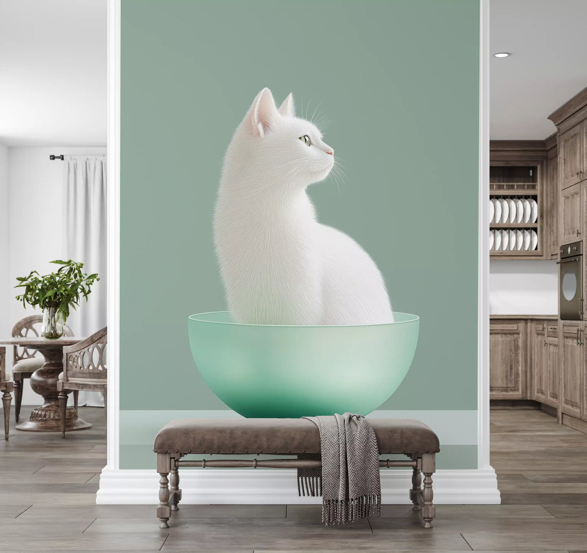 Minimalist White Cat in Mint Bowl Wall Mural