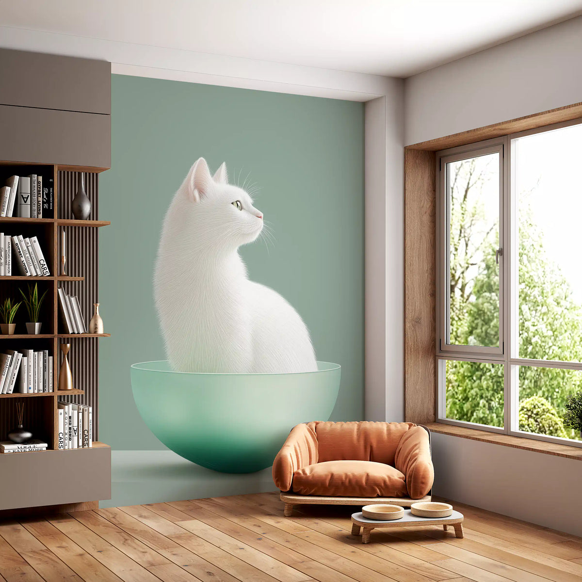 Minimalist White Cat in Mint Bowl Wall Mural