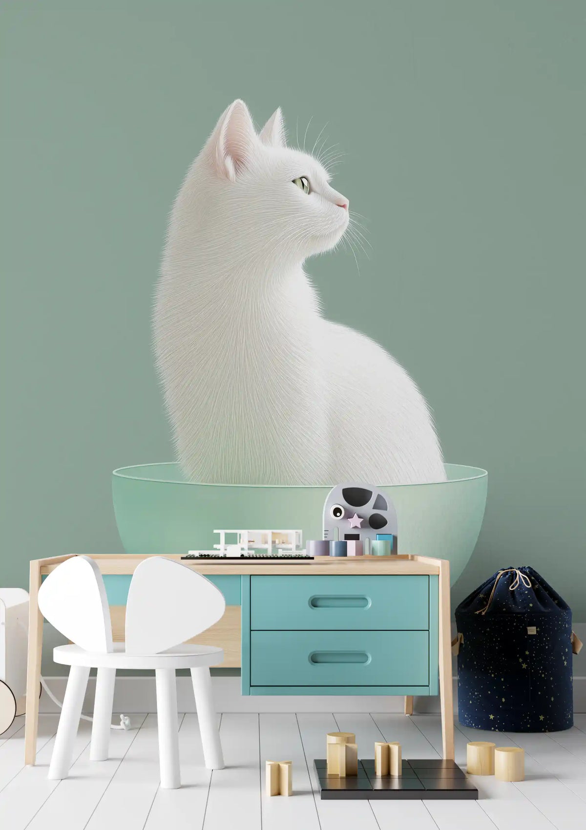 Minimalist White Cat in Mint Bowl Wall Mural