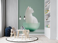Minimalist White Cat in Mint Bowl Wall Mural