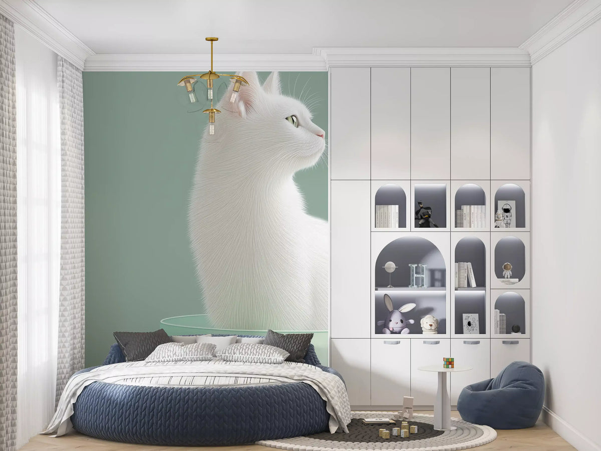 Minimalist White Cat in Mint Bowl Wall Mural