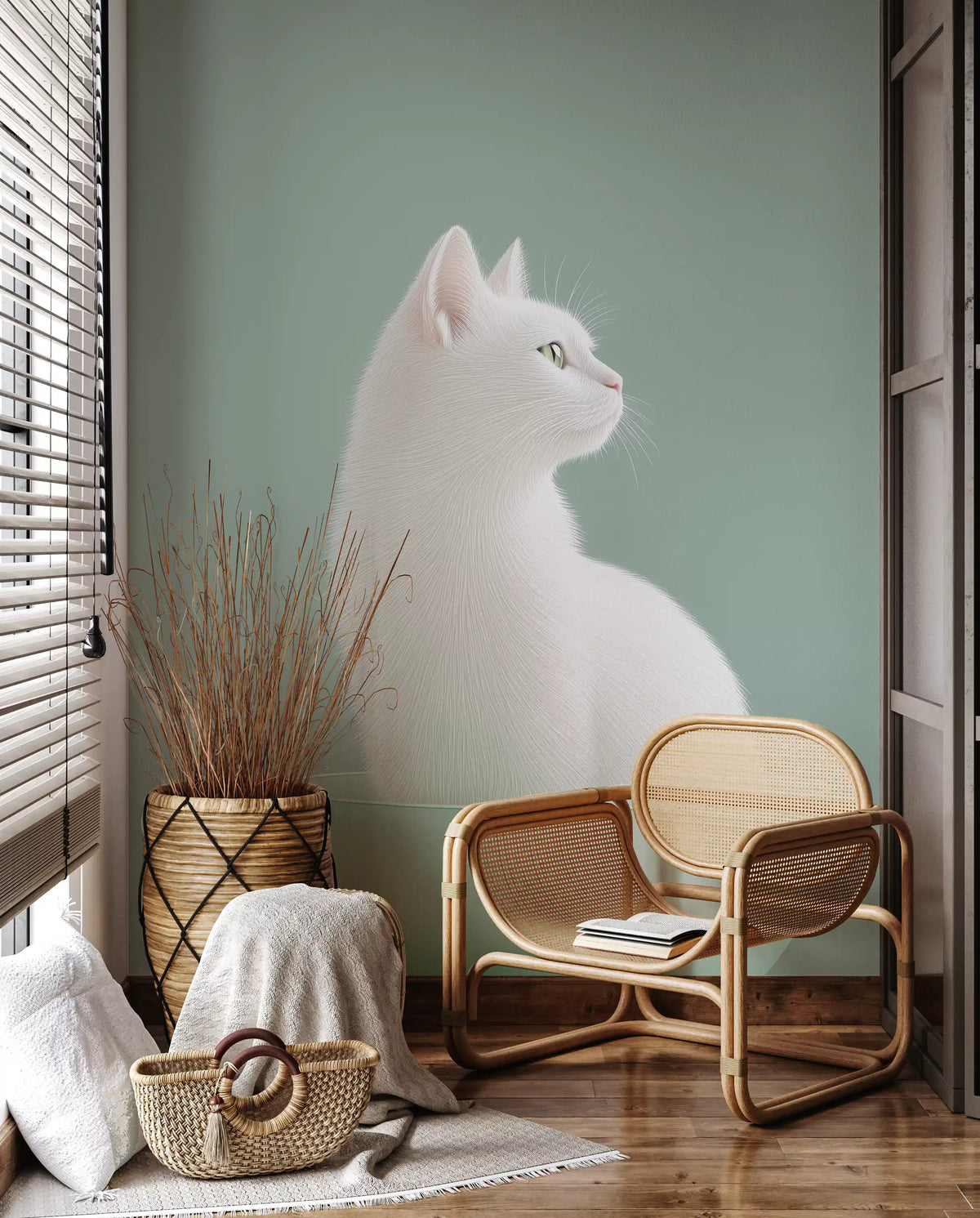 Minimalist White Cat in Mint Bowl Wall Mural